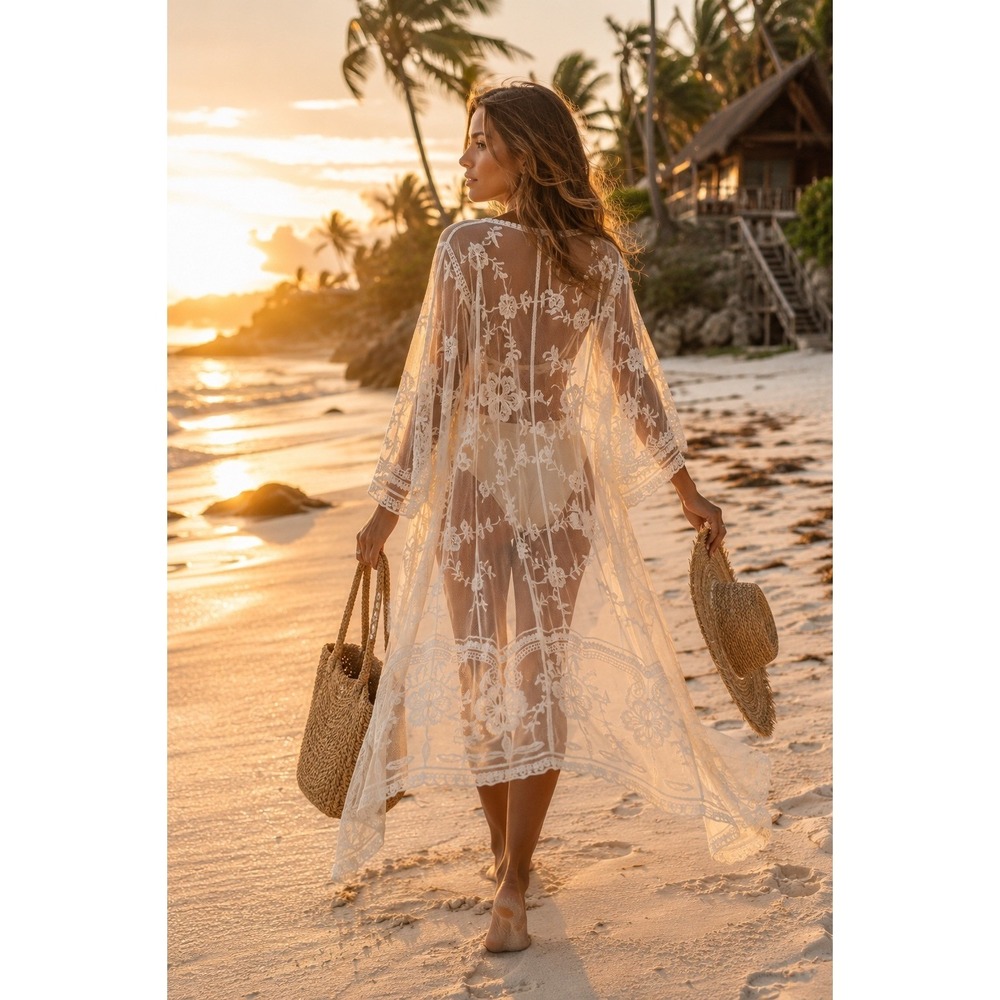 SO White Floral Lace Duster Kimono Sheer Mesh Boho Cottagecore Beach Cover Up XL